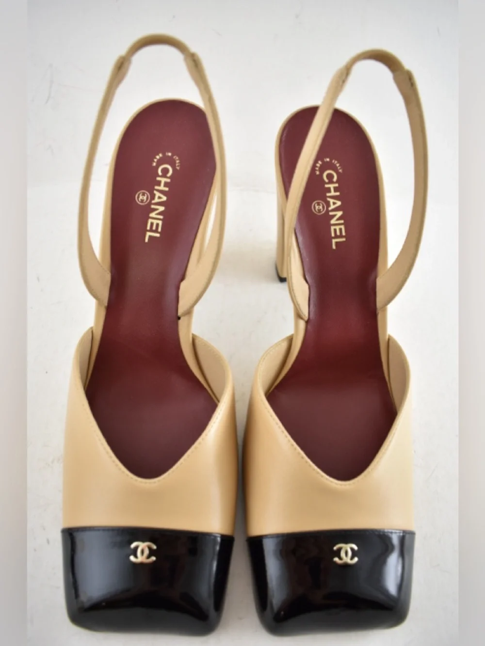 Chanel 26S Blazy Beige Black Square Toe Sling CC Slingback Block Heel Pump 40 - Picture 6 of 16